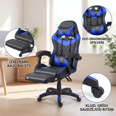 Melni zils ergonomisks datorkrēsls ar kāju balstu līdz 150 kg, mēbeles un interjers, apgaismojums sludinājums Rīgā 3