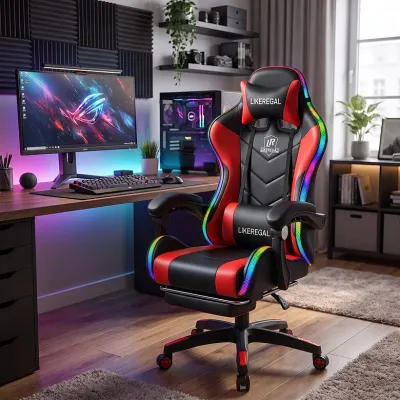 Computer chair with LED, red massage chair with black accents, furniture and interior, lighting ad in Riga 6