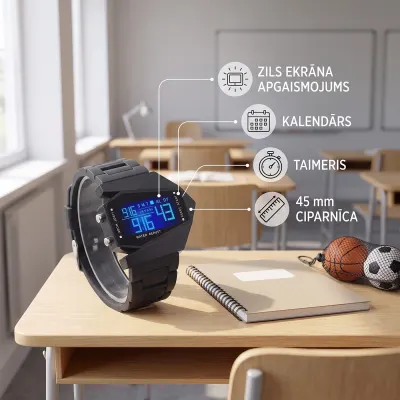 Digitālais sporta pulkstenis bērniem ar apgaismojumu, melns, sporta nodarbības, inventārs, piederumi sludinājums Rīgā 2