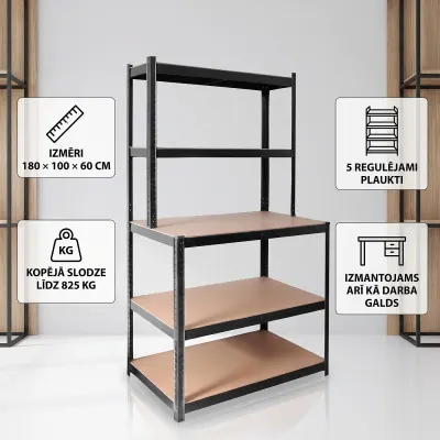 Black metal shelf with a work surface measuring 180 × 100 × 60 cm, 825 kg, furniture and interior, lighting ad in Riga 4