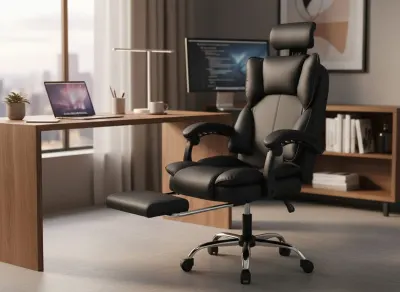 Ergonomisks datorkrēsls ar kāju balstu melns eko āda 150 kg 90–155°, mēbeles un interjers, apgaismojums sludinājums Rīgā 7