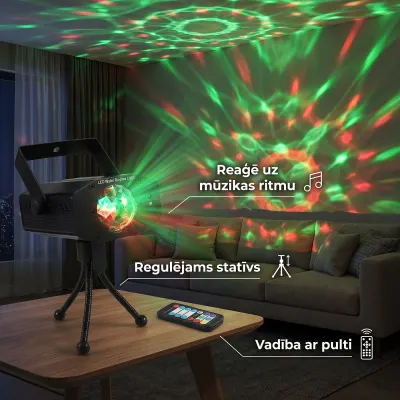 LED disco projector with an adjustable tripod and remote control, green and red, furniture and interior, lighting ad in Riga 2