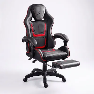 Black gaming computer chair with a pull-out footrest, supports up to 120 kg, furniture and interior, lighting ad in Riga 5