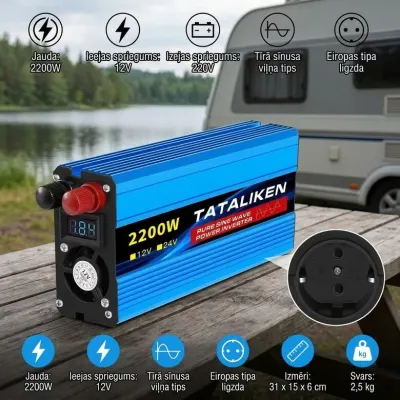 Jaudīgs 1600W Tīras Sinusoidālas Strāvas Invertors 12V uz 220V ar ES Rozeti, tīkli un interneta aprīkojums sludinājums Rīgā 1