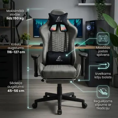 Ergonomisks biroja krēsls ar masāžas funkciju un kāju balstu, datorkrēsls