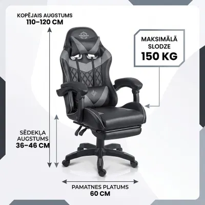 Melni pelēks spēļu krēsls ar kāju balstu, līdz 150 kg, mēbeles un interjers, apgaismojums sludinājums Rīgā 2