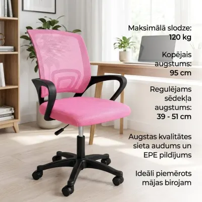 Adjustable computer chair with pink fabric seat, 40–50 cm, 120 kg, for school use, furniture and interior, lighting ad in Riga 1