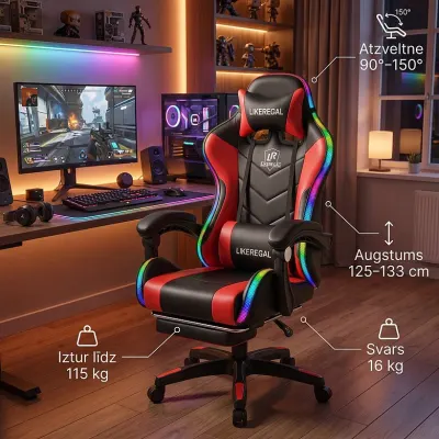Computer chair with LED, red massage chair with black accents, furniture and interior, lighting ad in Riga 1