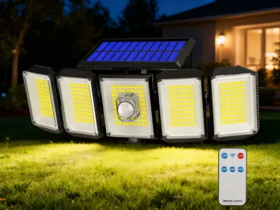 Solar-powered LED lamp with a motion sensor and 5 adjustable panels, furniture and interior, lighting ad in Riga 2