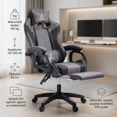 Ergonomisks datora un biroja krēsls ar regulējamu atzveltni un kāju balstu pelēks, mēbeles un interjers, apgaismojums sludinājums Rīgā 2