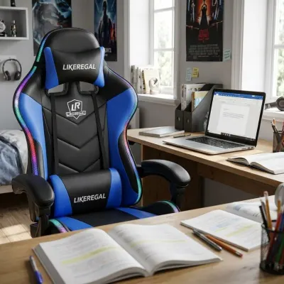 Zils gaming datorkrēsls ar masāžu, RGB, kāju balstu, 150°, mēbeles un interjers, apgaismojums sludinājums Rīgā 3