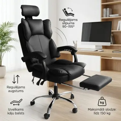 Ergonomisks datorkrēsls ar kāju balstu melns eko āda 150 kg 90–155°, mēbeles un interjers, apgaismojums sludinājums Rīgā 2