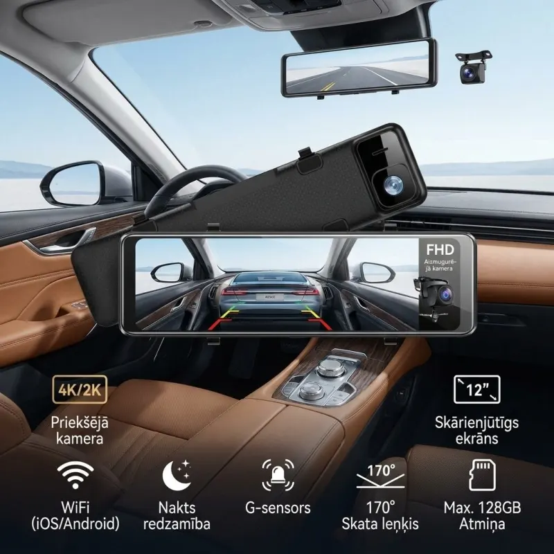 12-inch Dash Cam with Mirror, GPS, Wi-Fi, 4K, 2 Cameras (3840×2160P), video and security systems ad in Riga 1