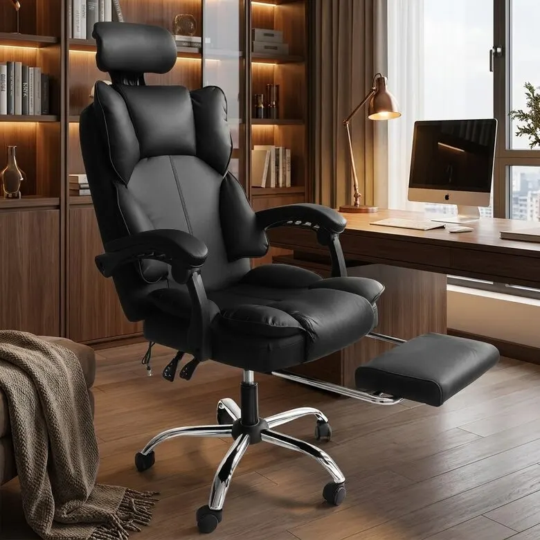 Ergonomisks datorkrēsls ar kāju balstu melns eko āda 150 kg 90–155°, mēbeles un interjers, apgaismojums sludinājums Rīgā 1