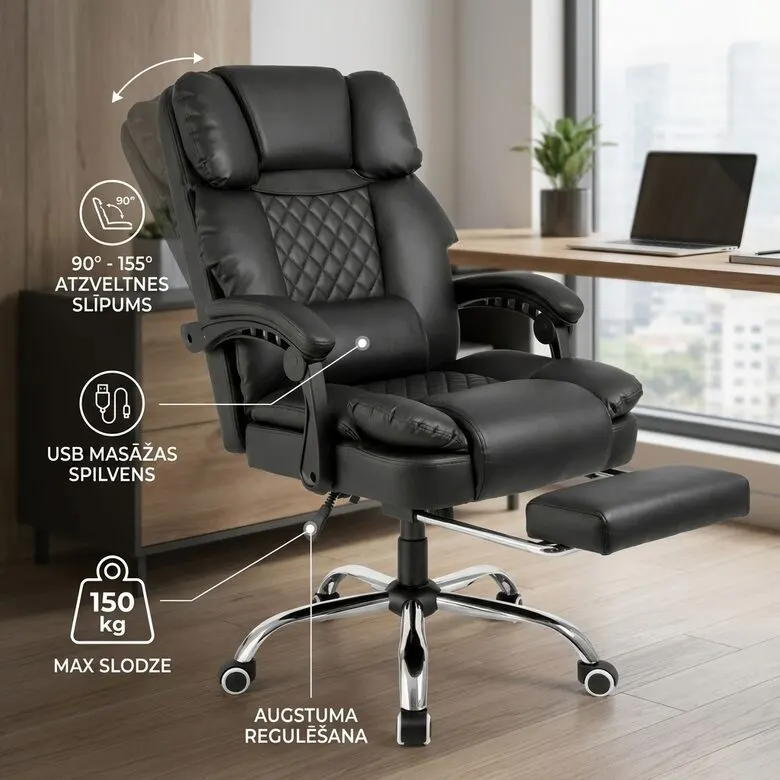 Ergonomisks grozāms datorkrēsls ar kāju balstu melns eko āda 150 kg, mēbeles un interjers, apgaismojums sludinājums Rīgā 1