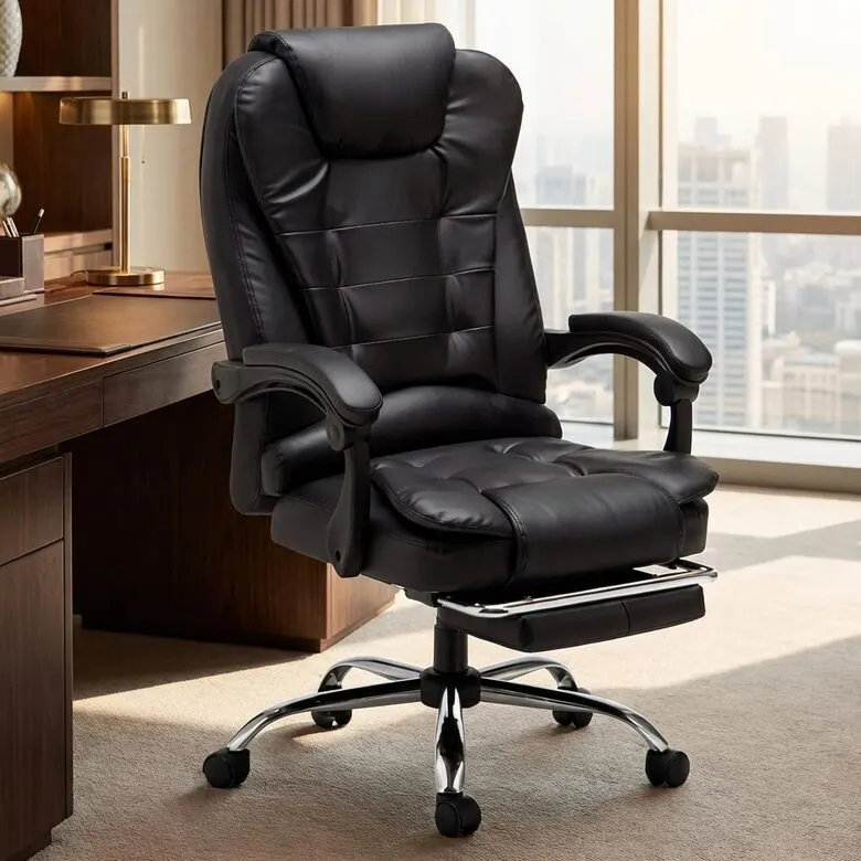 Office chair with footrest, black computer chair, furniture and interior, lighting ad in Riga 1
