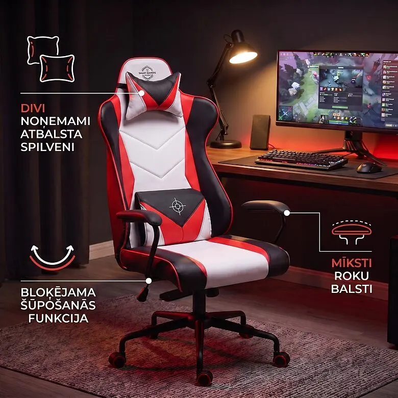 Sarkani balts ergonomisks datorkrēsls ar diviem spilveniem līdz 120 kg, mēbeles un interjers, apgaismojums sludinājums Rīgā 1