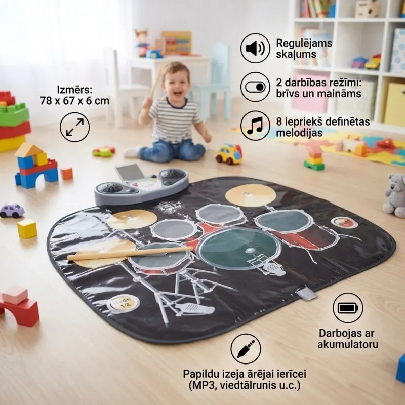 Детский музыкальный коврик с барабанами 78 x 67 x 6 см, игрушки ad в Риге 1