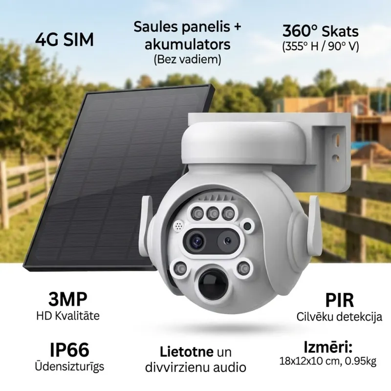 White 4G Solar-Powered Outdoor Surveillance Camera with SIM Card Support – 360°..., video and security systems ad in Riga 1