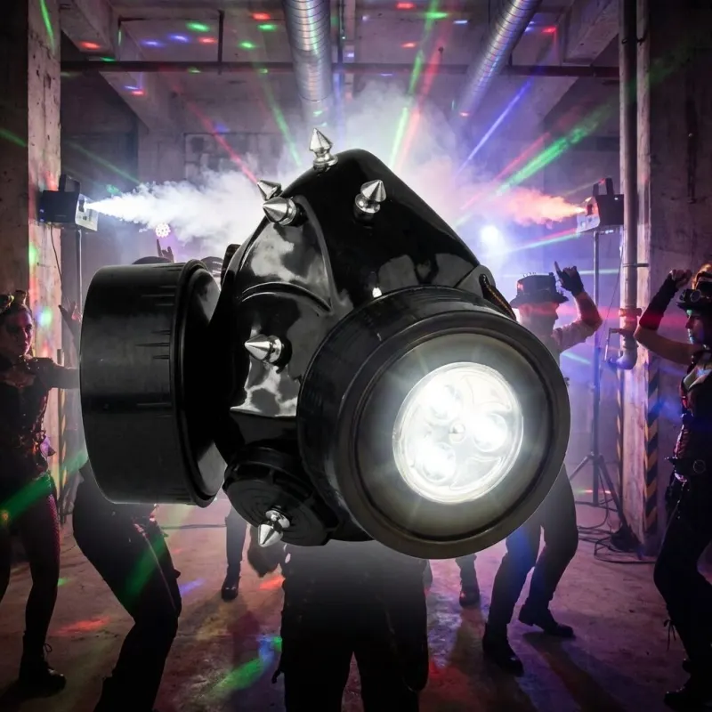 Stylized respirator with two filters and a light, face mask for parties, furniture and interior, lighting ad in Riga 1