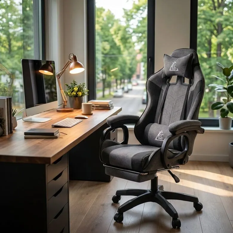 Ergonomisks datora un biroja krēsls ar regulējamu atzveltni un kāju balstu pelēks, mēbeles un interjers, apgaismojums sludinājums Rīgā 1