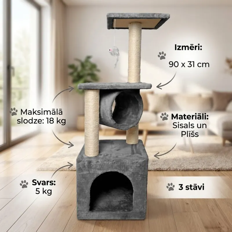 3-Story Cat House with Scratching Post, 90 cm, Gray,  animal feed, products and services ad in Riga 1