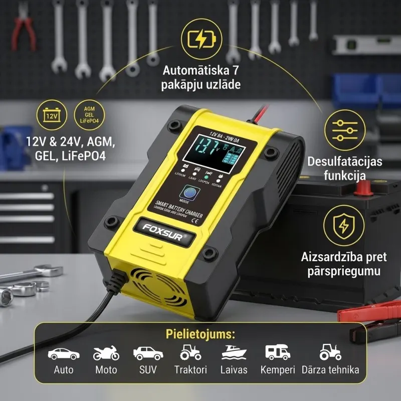 Smart 12V/24V Battery Charger with LCD Display, accessories and smart devices ad in Riga 1