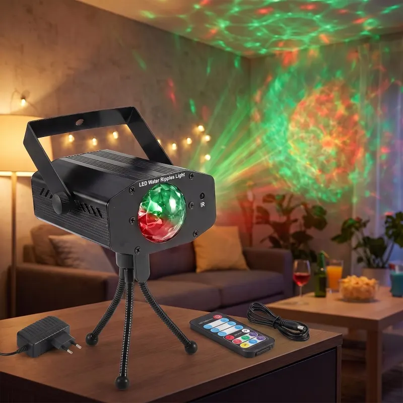 LED disco projector with an adjustable tripod and remote control, green and red, furniture and interior, lighting ad in Riga 1