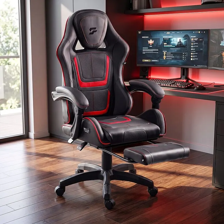 Black gaming computer chair with a pull-out footrest, supports up to 120 kg, furniture and interior, lighting ad in Riga 1