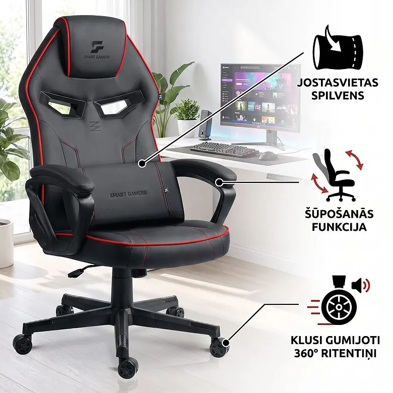 Melns ergonomisks gaming datorkrēsls ar jostasvietas spilvenu līdz 120 kg, mēbeles un interjers, apgaismojums sludinājums Rīgā 1