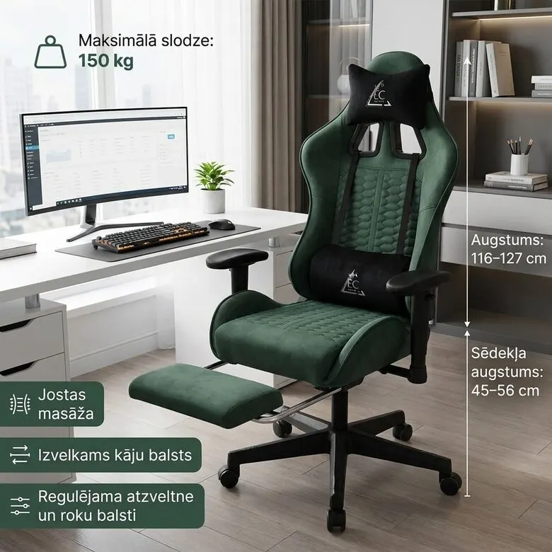 Ergonomisks krēsls ar kāju balstu un masāžas spilvenu – tumši zaļš biroja datorkrēsls, mēbeles un interjers, apgaismojums sludinājums Rīgā 1