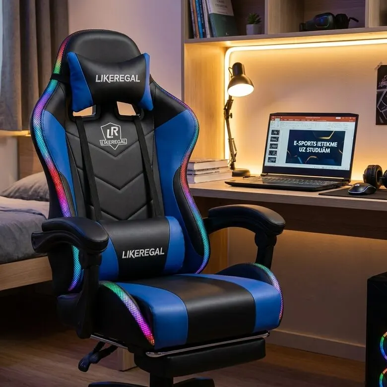 Zils gaming datorkrēsls ar masāžu, RGB, kāju balstu, 150°, mēbeles un interjers, apgaismojums sludinājums Rīgā 1