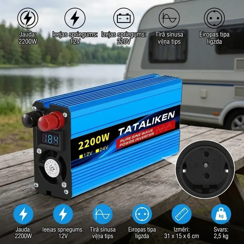 Jaudīgs 1600W Tīras Sinusoidālas Strāvas Invertors 12V uz 220V ar ES Rozeti, tīkli un interneta aprīkojums sludinājums Rīgā 1