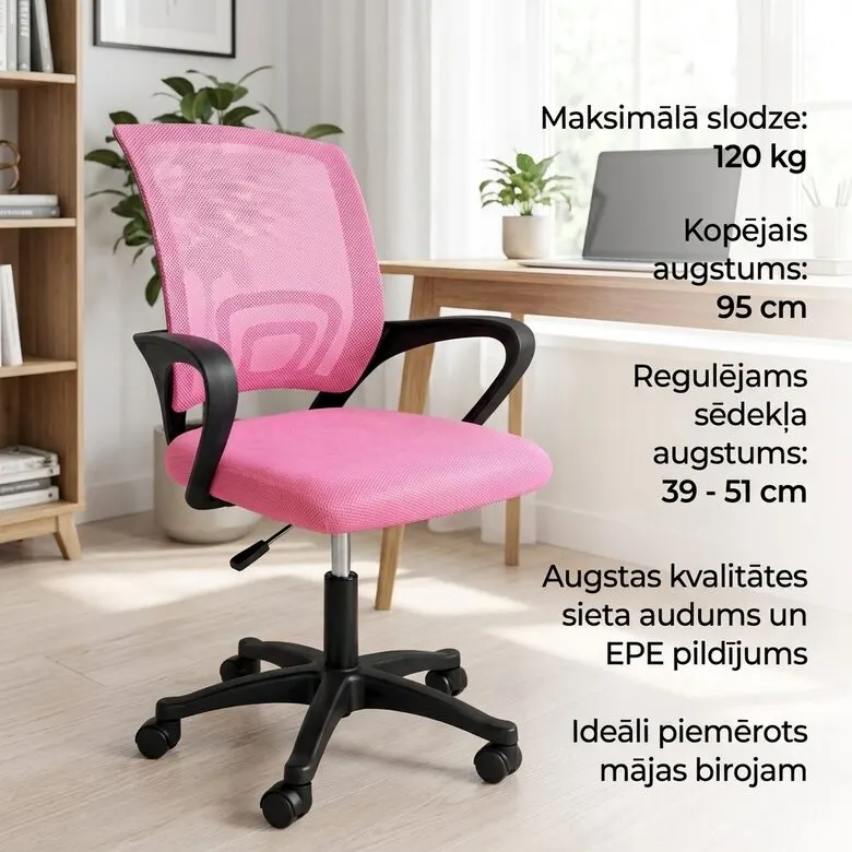 Adjustable computer chair with pink fabric seat, 40–50 cm, 120 kg, for school use, furniture and interior, lighting ad in Riga 1