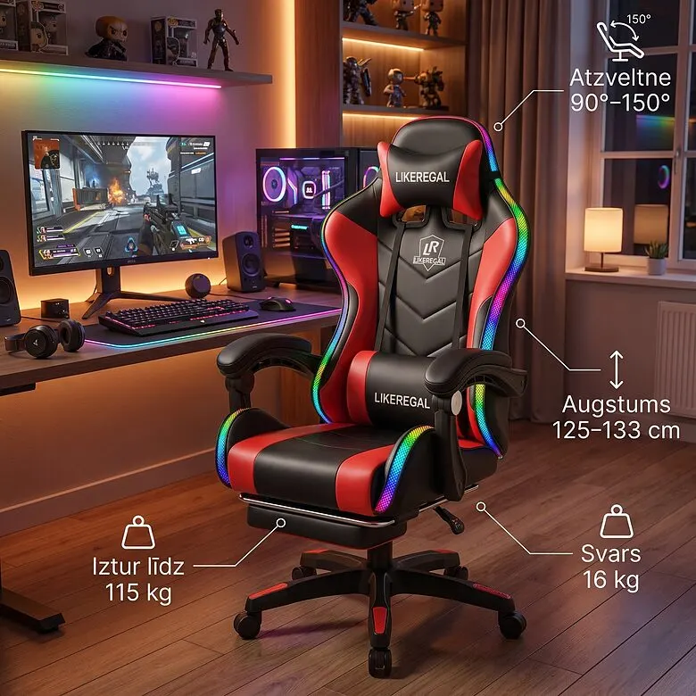 Computer chair with LED, red massage chair with black accents, furniture and interior, lighting ad in Riga 1