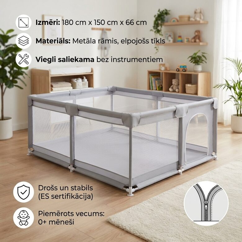 Детский манеж «Сетка» 150x180 см — серая защитная сетка для малышей