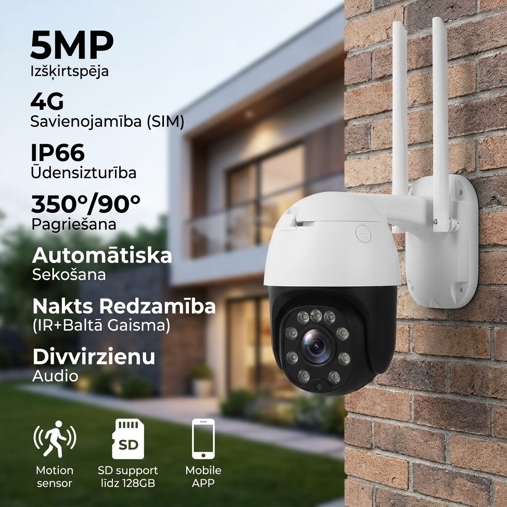 5x Zoom, 4G Video novērošanas kamera ar sim karti (5MP kamera, vadāma no...